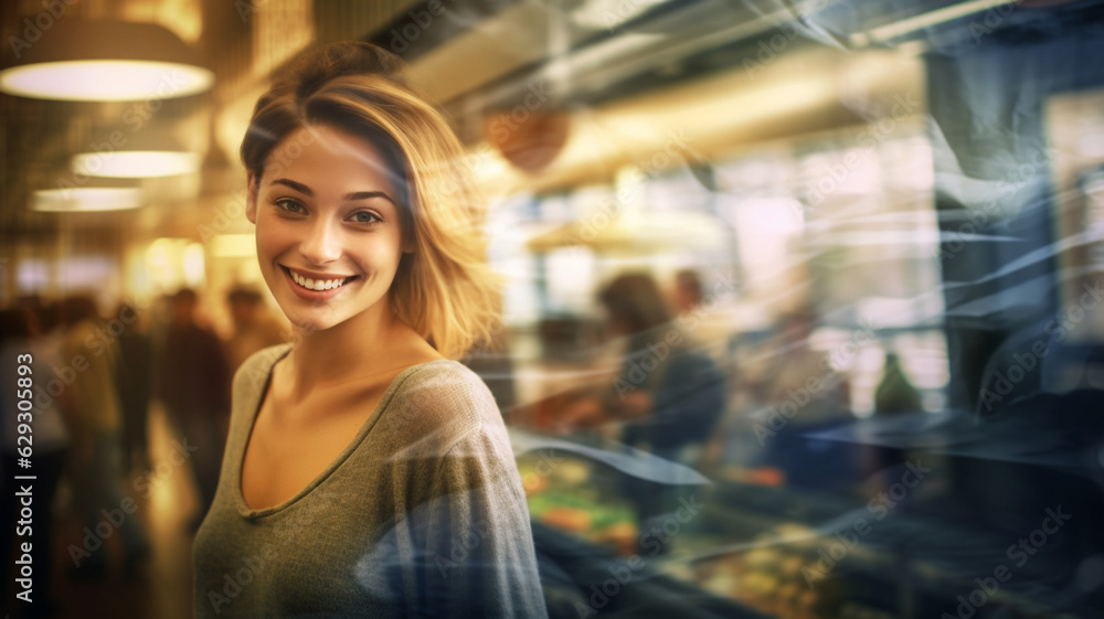 abstract of scents or oxygen or fictitious air, adult woman in the supermarket, summer shirt, caucasian, blonde-light brown hair color, shoulder-length hair, typical supermarket grocery store abstract of scents or oxygen or fictitious air, adult woman in the supermarket, summer shirt, caucasian, blonde-light brown hair color, shoulder-length hair, typical supermarket grocery store