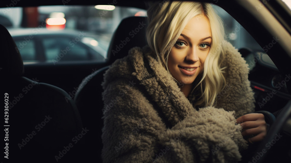 adult caucasian woman with hair dyed blonde and thick winter coat in the car sits in the driver's seat at the steering wheel, small car adult caucasian woman with hair dyed blonde and thick winter coat in the car sits in the driver's seat at the steering wheel, small car