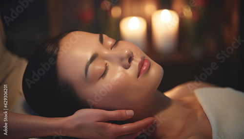 An Asian woman enjoying a head (scalp) massage at a spa