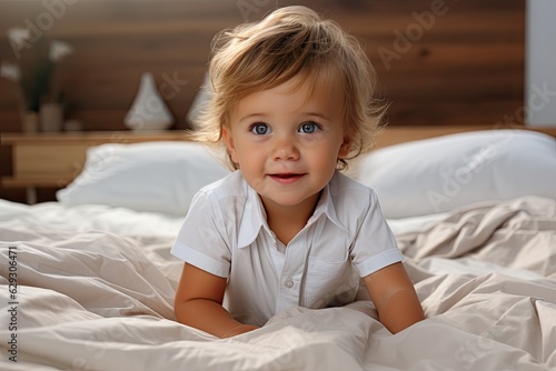 Wallpaper Mural A charming smiling baby in a white sunny bedroom. A baby crawling in bed. Nursery for small children. Textiles and bed linen for children. Family morning at home. Torontodigital.ca