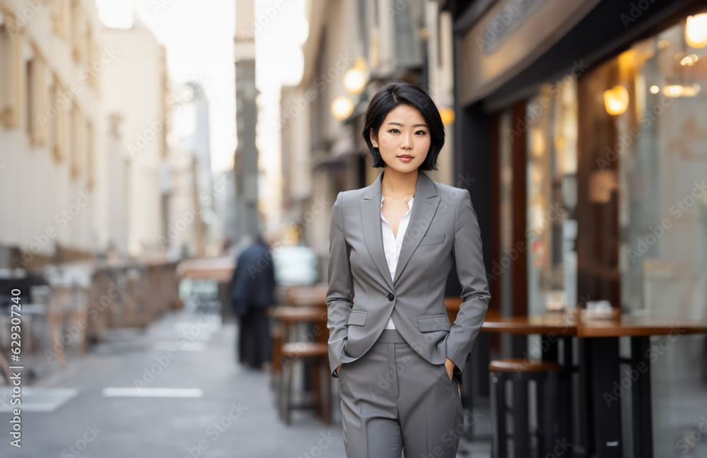 Portrait of an asian young businesswoman wears a grey suit with cityscape in sorft focus in the bakcground. Generative AI.