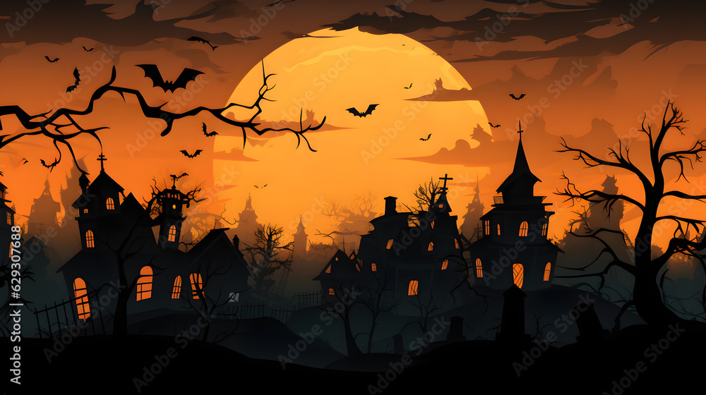 Halloween City panorama in halloween style. Scary hallowen witch, bats, picture, sunset
