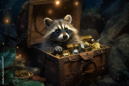 Amusing Raccoon in a Treasure Chest Filled with Gold Bounty AI generated © artefacti