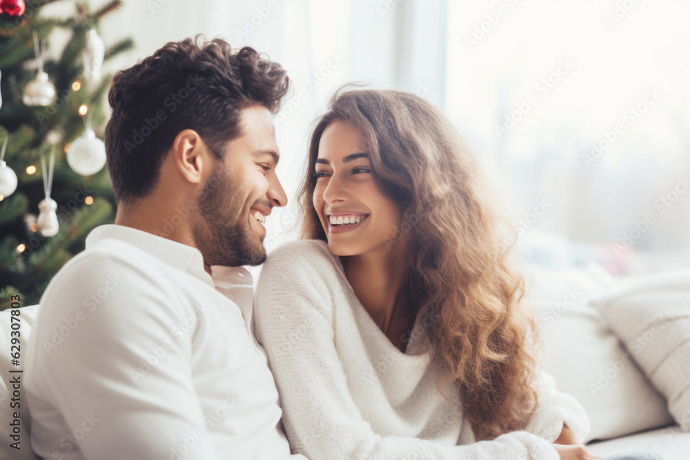 Closeup photo of adorable couple spending holly Christmas eve in decorated garland lights room near Chrismas tree sitting cosy sofa indoors Closeup photo of adorable couple spending holly Christmas eve in decorated garland lights room near Chrismas tree sitting cosy sofa indoors