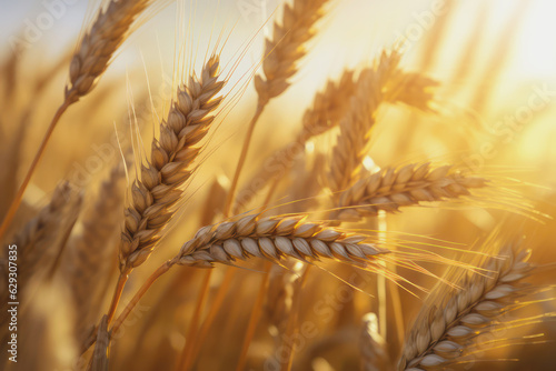 Goldgelbe Weizen  hren im warmen Gegenlicht der Morgensonne .Generative AI - Illustration.