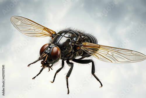 Nahaufnahme einer fliegenden Stubenfliege vor einem hellen Hintergrund - Illustration, Generative AI