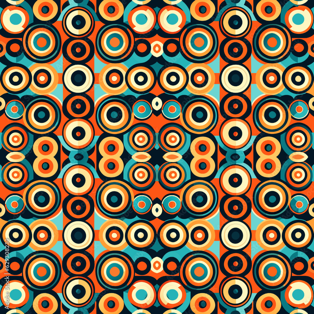 Seamless illustrated pattern made of abstract elements in beige, blue and orange