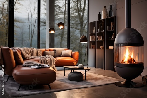 Fotografia Cosy Interior with Modern Fire Stove Radiating Heat. AI