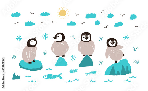 Set of cute cartoon baby penguins standing on icebergs in Antarctica and having fun on a sunny winter day. Hand illustration of penguins for Christmas design.