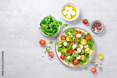 Caprese Salad with Cherry Tomatoes and Pesto Sauce over Bright Background