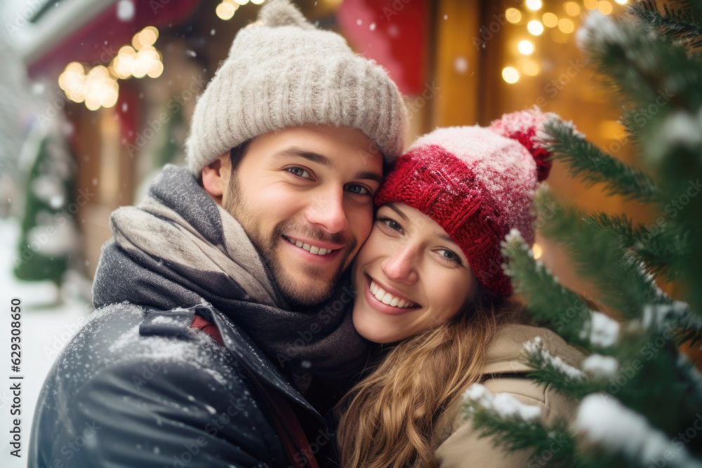 Closeup photo of cute couple spending holly Christmas eve in decorated garland lights house near Chrismas tree outdoors Closeup photo of cute couple spending holly Christmas eve in decorated garland lights house near Chrismas tree outdoors