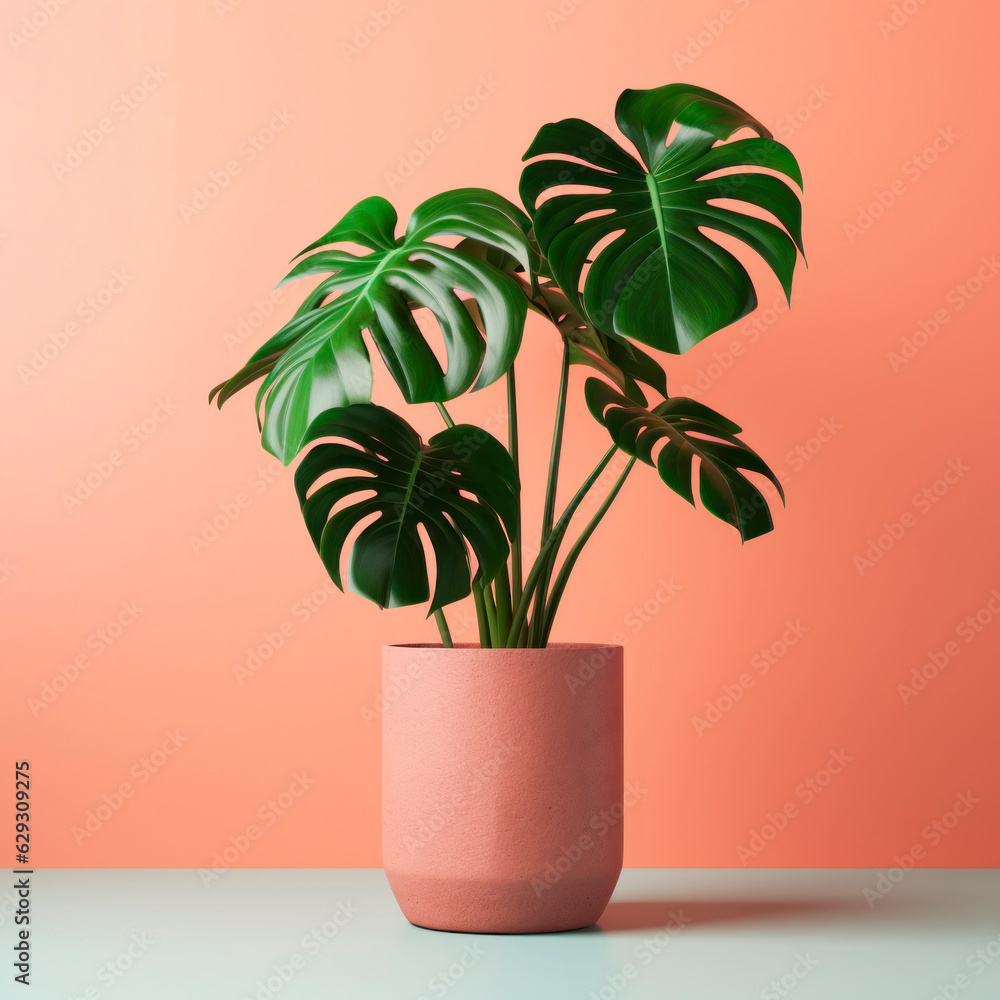 A monstera plant in a pot. Minimalism. A monstera plant in a pot. Minimalism.