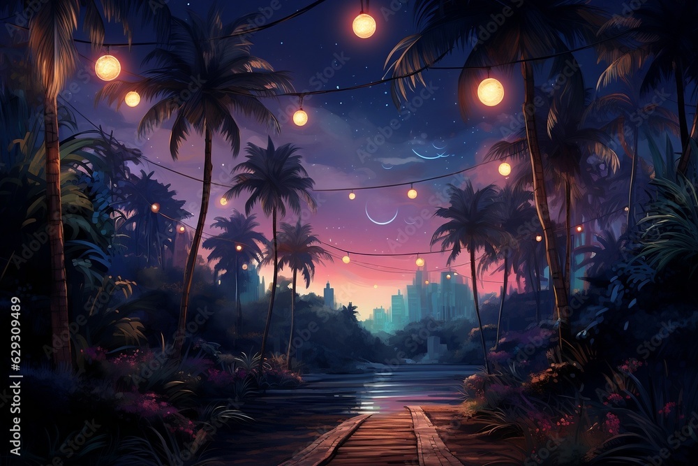 Night View of Summer Palm Trees with Garlands and Lanterns. AI
