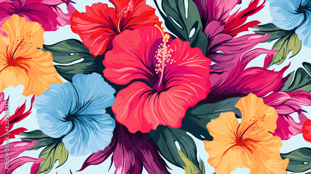 beauty of nature with a colorful hibiscus pattern in a whimsical and playful drawing style