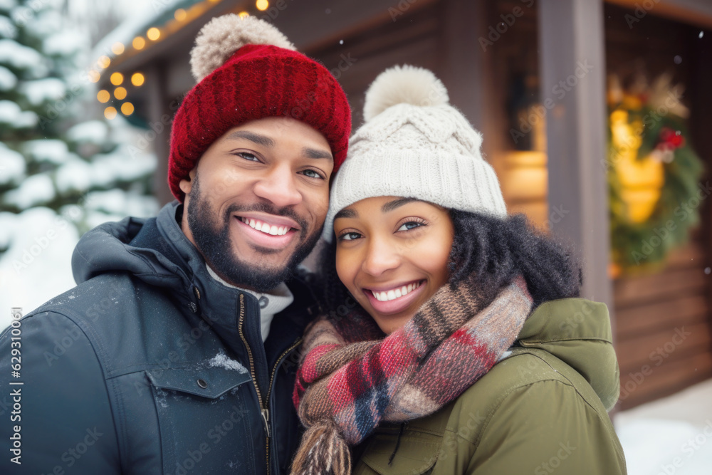 Closeup photo of cute couple spending holly Christmas eve in decorated garland lights house near Chrismas tree outdoors Closeup photo of cute couple spending holly Christmas eve in decorated garland lights house near Chrismas tree outdoors