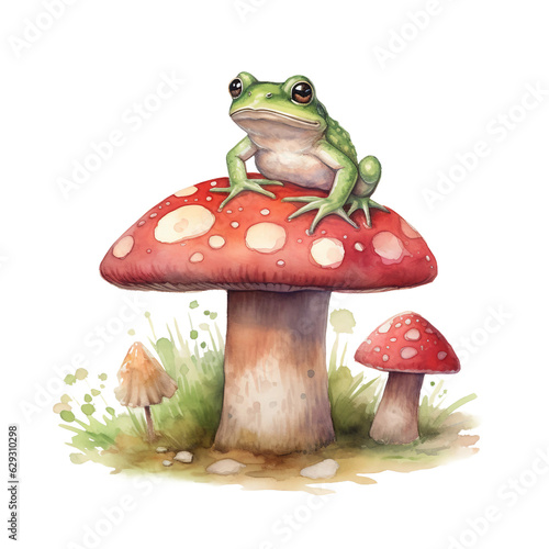 frog sitting on fly agaric mushroom in watercolor style isolated on a transparent background, generative ai 