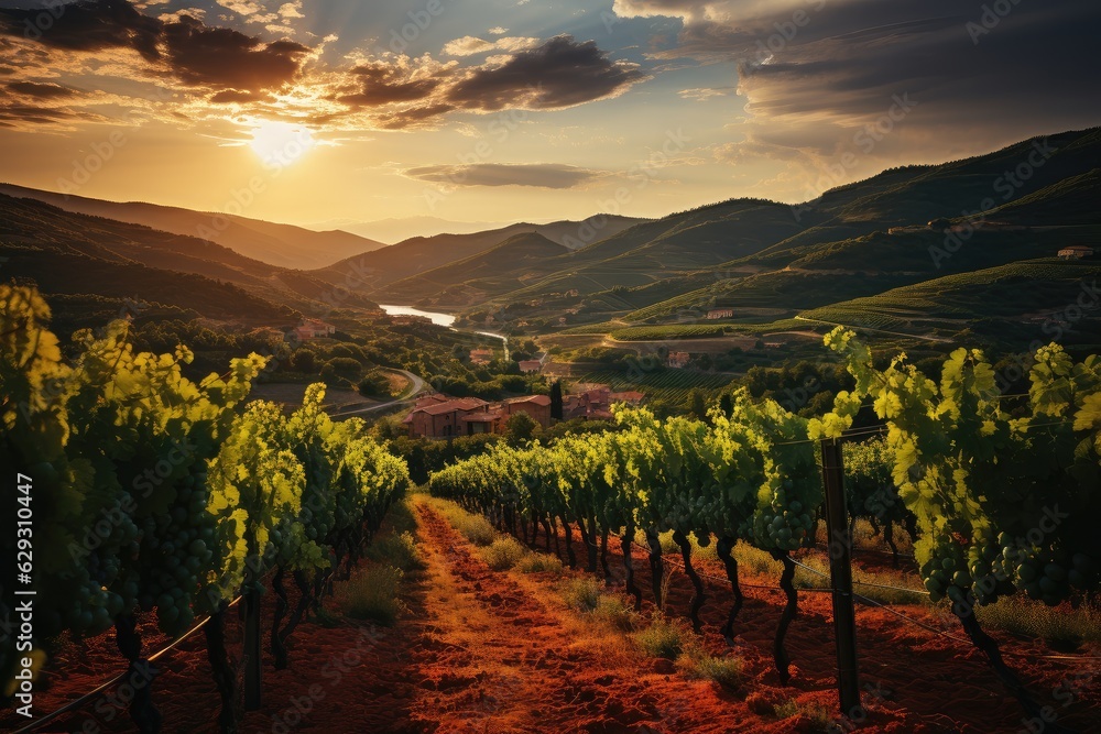 Fototapeta premium Beautiful vineyard at sunset. Travel around Tuscany, Italy. Landscape of vineyards in the wine country of Tuscany, Italy at sunset. The vineyards of Tuscany are home to Italy's most famous wines.