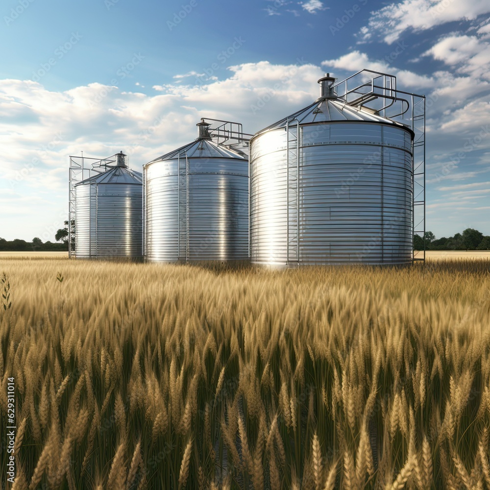 Stocks of grain in granaries. Agriculture, grain deal concept, metal grain storage stands in a field, Generative AI Stocks of grain in granaries. Agriculture, grain deal concept, metal grain storage stands in a field, Generative AI