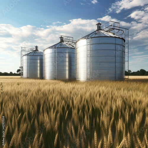 Stocks of grain in granaries. Agriculture  grain deal concept  metal grain storage stands in a field  Generative AI