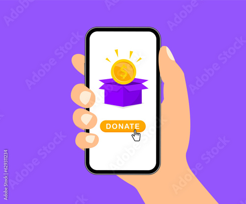 Donation money for charity online. Donation box with coin and button donate on smartphone screen. Donation by online payments. Financial support. Vector illustration.
