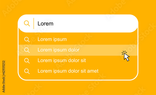Search bar with suggestions and pop up list search results. Search form template for websites and ui interface. Search address and navigation bar icon. Vector illustration.
