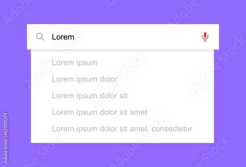 Search bar with suggestions and pop up list search results. Search form template for websites and ui interface. Search address and navigation bar icon. Vector illustration.
