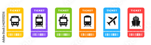 Bus, tram, trolleybus, plane, ship and train ticket icon. Travel tickets for transport with barcode. Vector illustration.