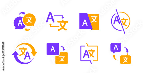 Translator app icon set. Online Translator. Language translator logo. Translation app icon. Multilingual translator for communication and learning languages. Vector illustration.