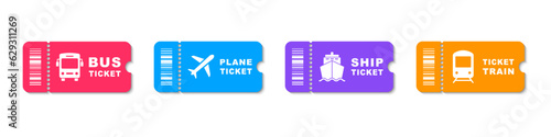 Bus, plane, ship and train ticket icon. Travel tickets for transport with barcode. Vector illustration.