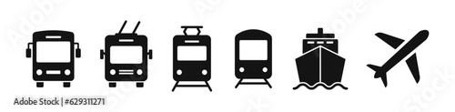 Transport icons set. Bus, tram, trolleybus, train, ship and plane. Public, travel and delivery transport icons. Vector illustration.