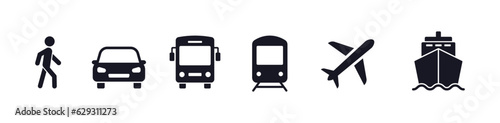 Transport icons set. Auto, bus, train, ship, plane and on foot. Public, travel and delivery transport icons. Vector illustration. photo