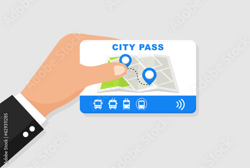 City pass card with cashless payment system. Bus, tram, trolleybus and metro ticket icon. Travel tickets for public transport with barcode. Vector illustration.