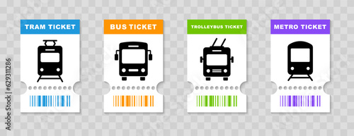 Bus, tram, trolleybus and metro ticket icon. Travel tickets for public transport with barcode. Vector illustration.
