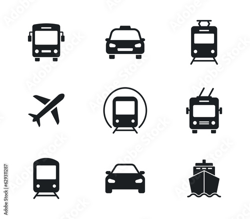 Transport icons set. Car, bus, train, ship, plane, taxi, subway, tram and trolleybus. Public, travel and delivery transport icons. Vector illustration.