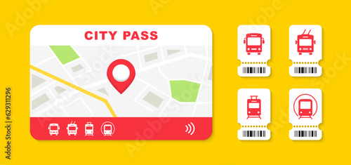 City pass card with cashless payment system. Bus, tram, trolleybus and metro ticket icon. Travel tickets for public transport with barcode. Vector illustration.