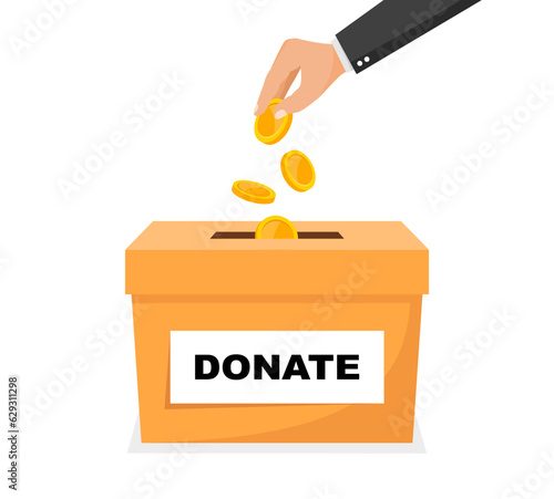 Donation and charity. Hand throwing gold coins into donation box. Donate, volunteering and giving money. Vector illustration.