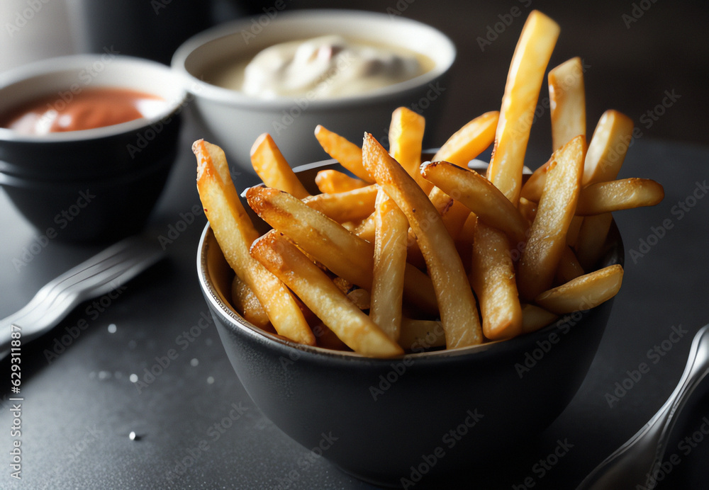 French fries with ketchup and mayonnaise on dark background.illustration generative ai French fries with ketchup and mayonnaise on dark background.illustration generative ai