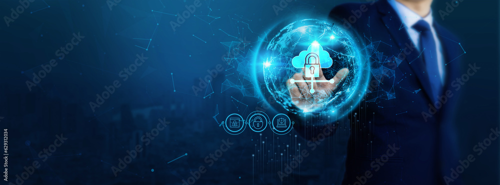 Foto de Businessman touch virtual network security connection icons ...