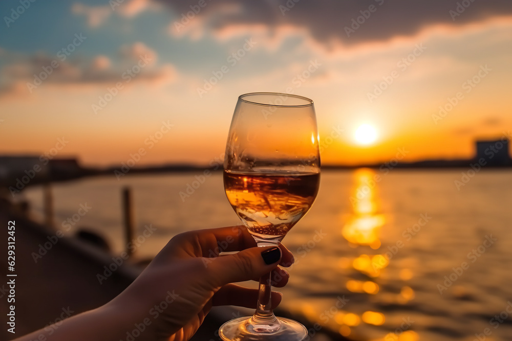 Woman hand holding a glass of wine on the beach during a beautiful sunset