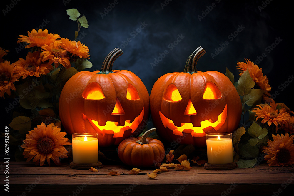 Dos calabazas de halloween sobre una mesa con caras grabadas en la calabazas, velas y flores de decoracion sobre fondo oscuro. Calabazas para el día de muertos. Dos calabazas de halloween sobre una mesa con caras grabadas en la calabazas, velas y flores de decoracion sobre fondo oscuro. Calabazas para el día de muertos.