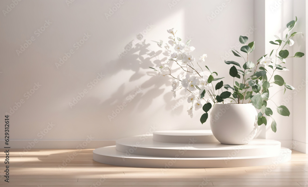 Plants and White Flowers in Vase on Podium with white empty Wall, a Template for Presentation, Skin Care, Organic, Health Care, Generative Ai. Plants and White Flowers in Vase on Podium with white empty Wall, a Template for Presentation, Skin Care, Organic, Health Care, Generative Ai.