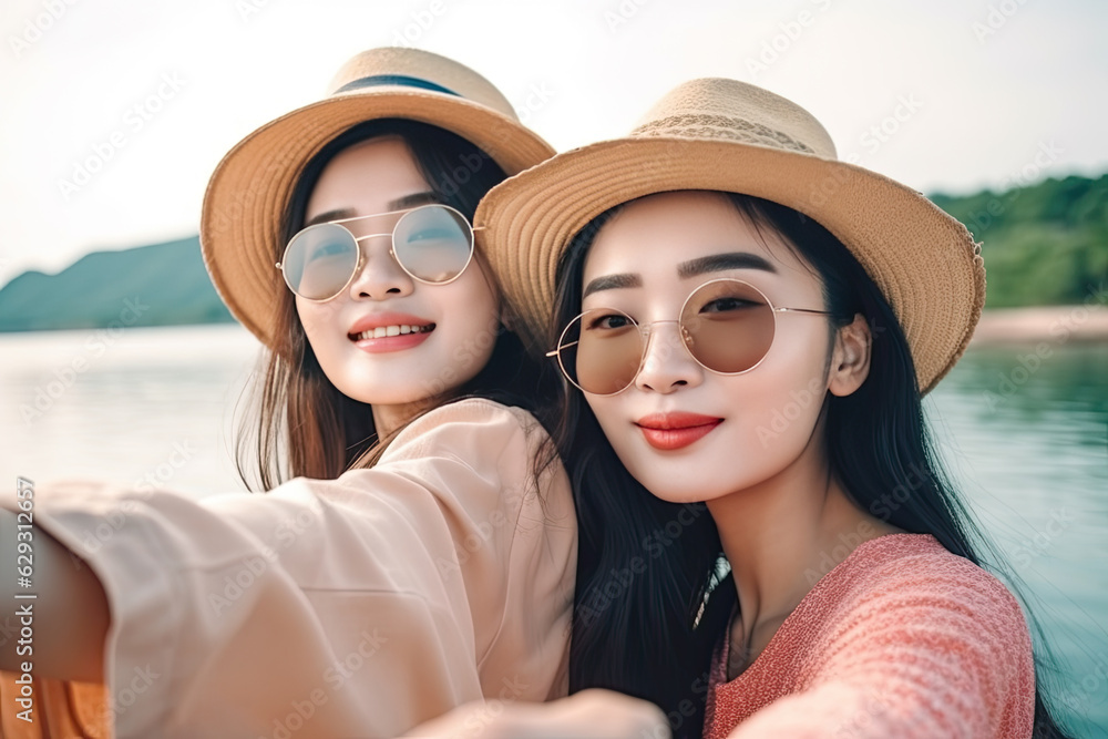Attractive Asian women tourists enjoy and taking selfie picture with phone on deck of cruising ship on summer vacation