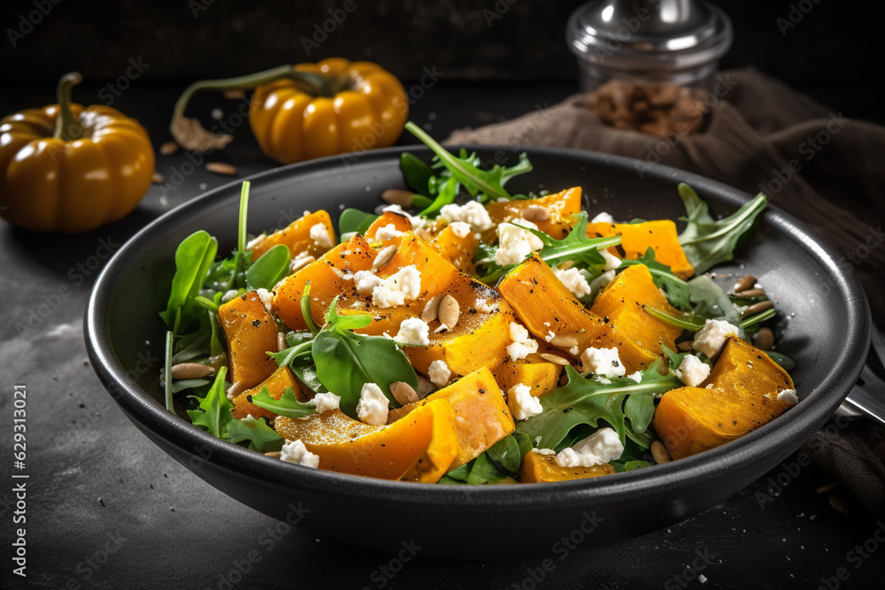 Pumpkin salad with arugula, feta cheese and pumpkin seeds Pumpkin salad with arugula, feta cheese and pumpkin seeds