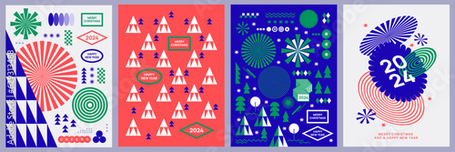 Merry Christmas and Happy New Year Set of backgrounds, greeting cards, posters, holiday covers. Xmas templates with typography and season wishes in modern geometric style for web, social media, print