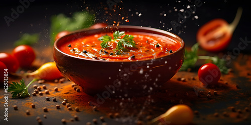 Spicy tomato soup in a bowl with pepper corns photo