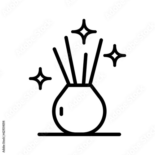Diffuser with chopsticks. Fragrances at home, for living room, bathroom. Legend, a simple drawing of a jar. Spreading a pleasant scent. Vector illustration in outline style