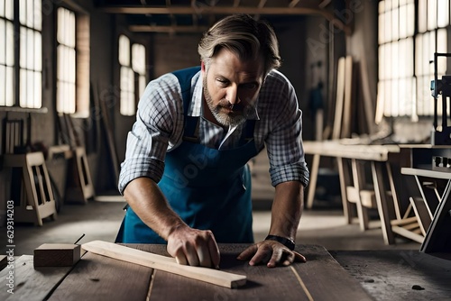 Male carpenter in wood shop. Generative AI