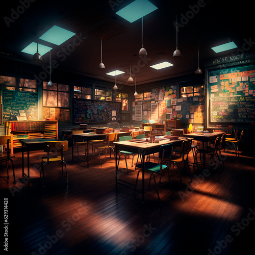 School background. Sunlight in the classroom. The theme of autumn and the beginning of the school year. High quality illustration