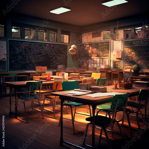 School background. Sunlight in the classroom. The theme of autumn and the beginning of the school year. High quality illustration