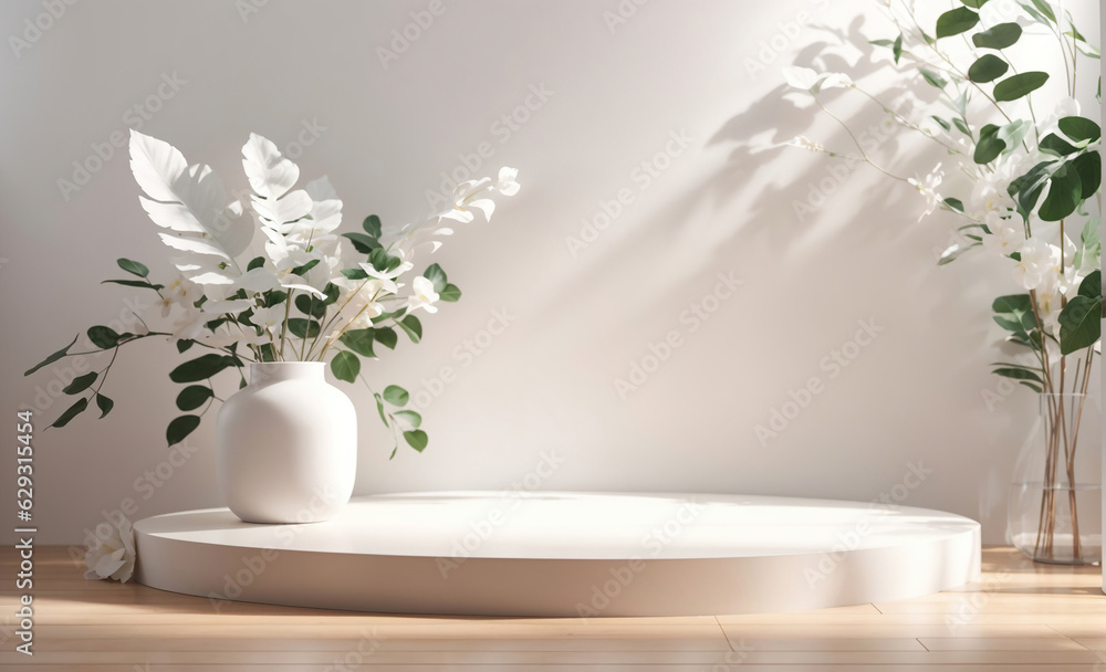 Trendy Vase with Plant and Flowers on Podium for Presentation of Skin Care or Organic Presentation on Wooden Floor, Generative Ai. Trendy Vase with Plant and Flowers on Podium for Presentation of Skin Care or Organic Presentation on Wooden Floor, Generative Ai.